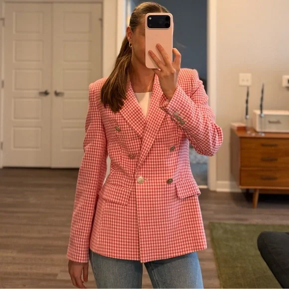 Zara Pink and White Tailored Houndstooth Women’s Blazer - Picture 2 of 9